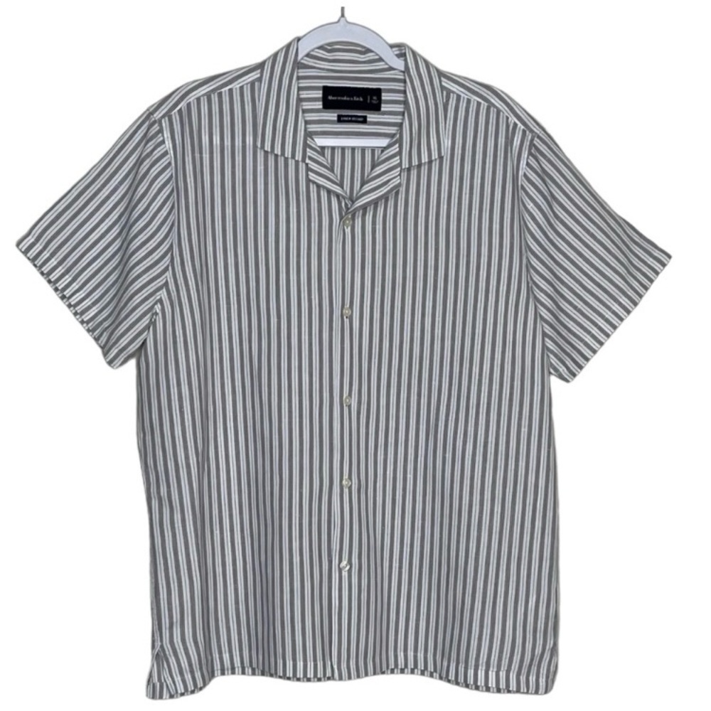 Abercrombie & Fitch Camp Collar Linen Blend Shirt Short Sleeve White Grey Men XL